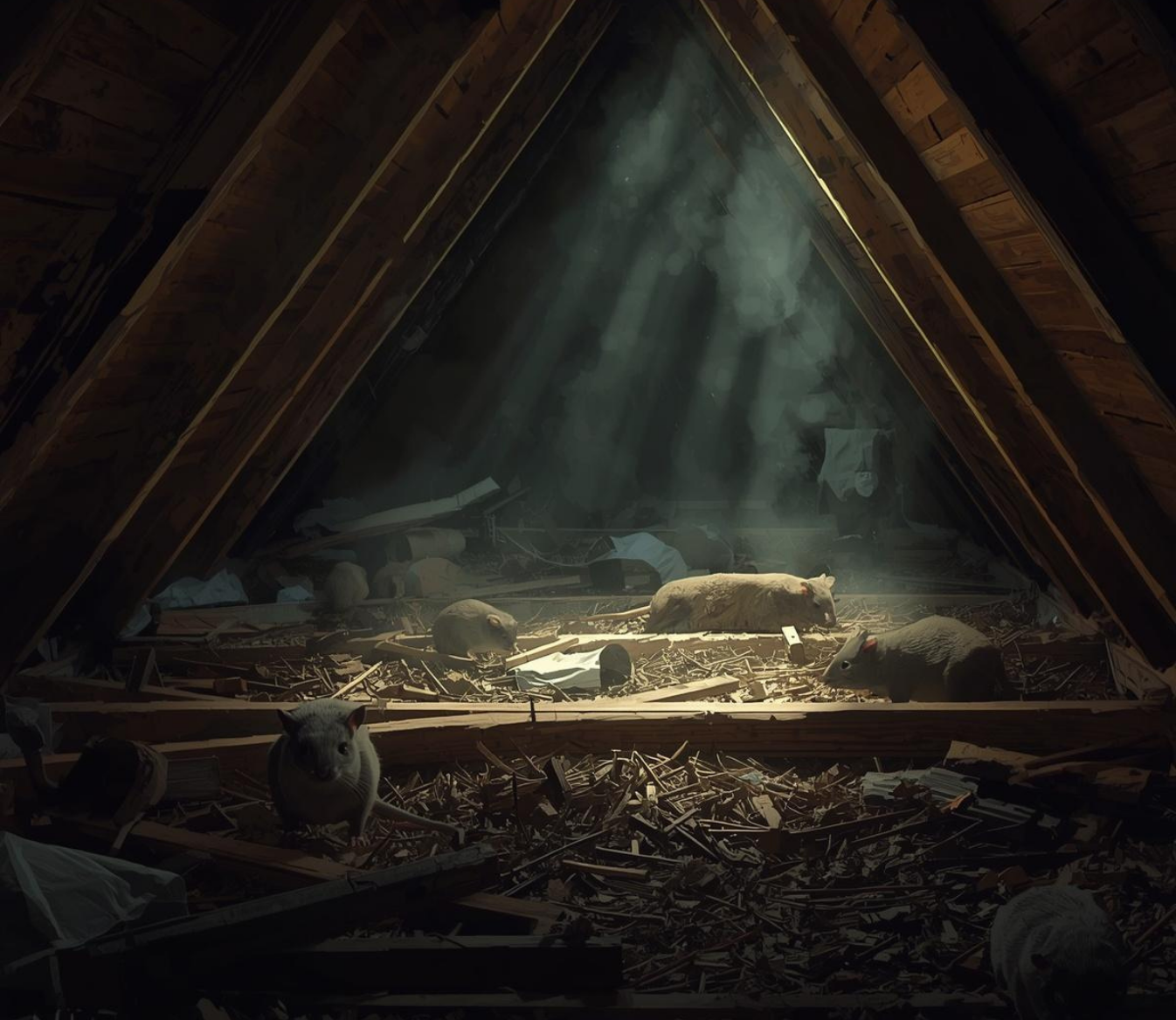 Pest activity and debris inside a damaged attic