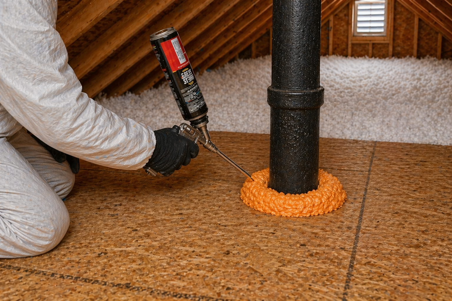 Attic air sealing work around a pipe penetration