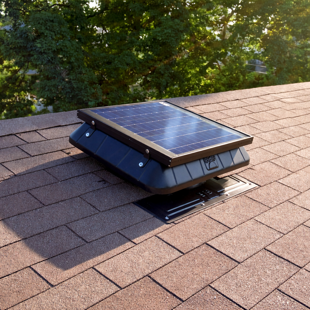 Solar-powered attic fan installed on a roof