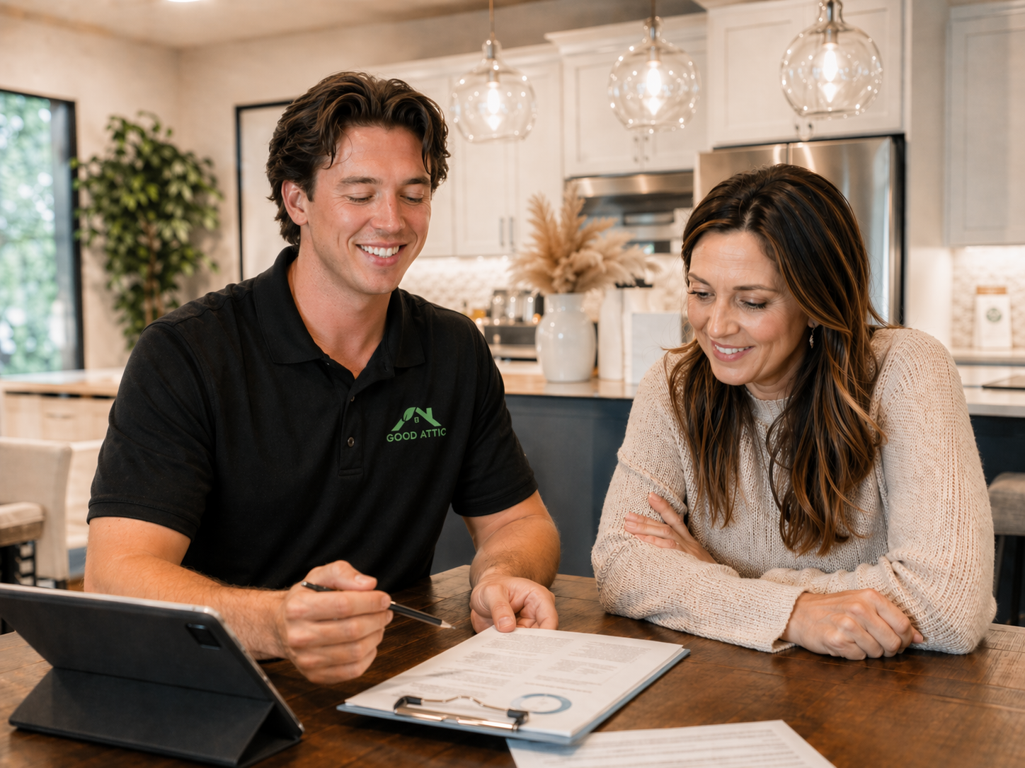Good Attic project manager reviewing an attic insulation quote with a homeowner