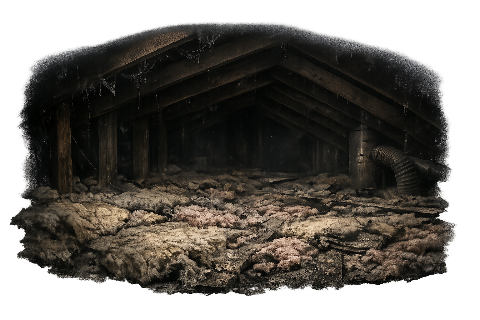 Gross attic with old dirty insulation