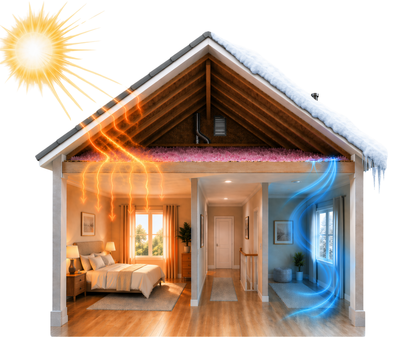 House cutaway showing uneven hot and cold attic temperature issues