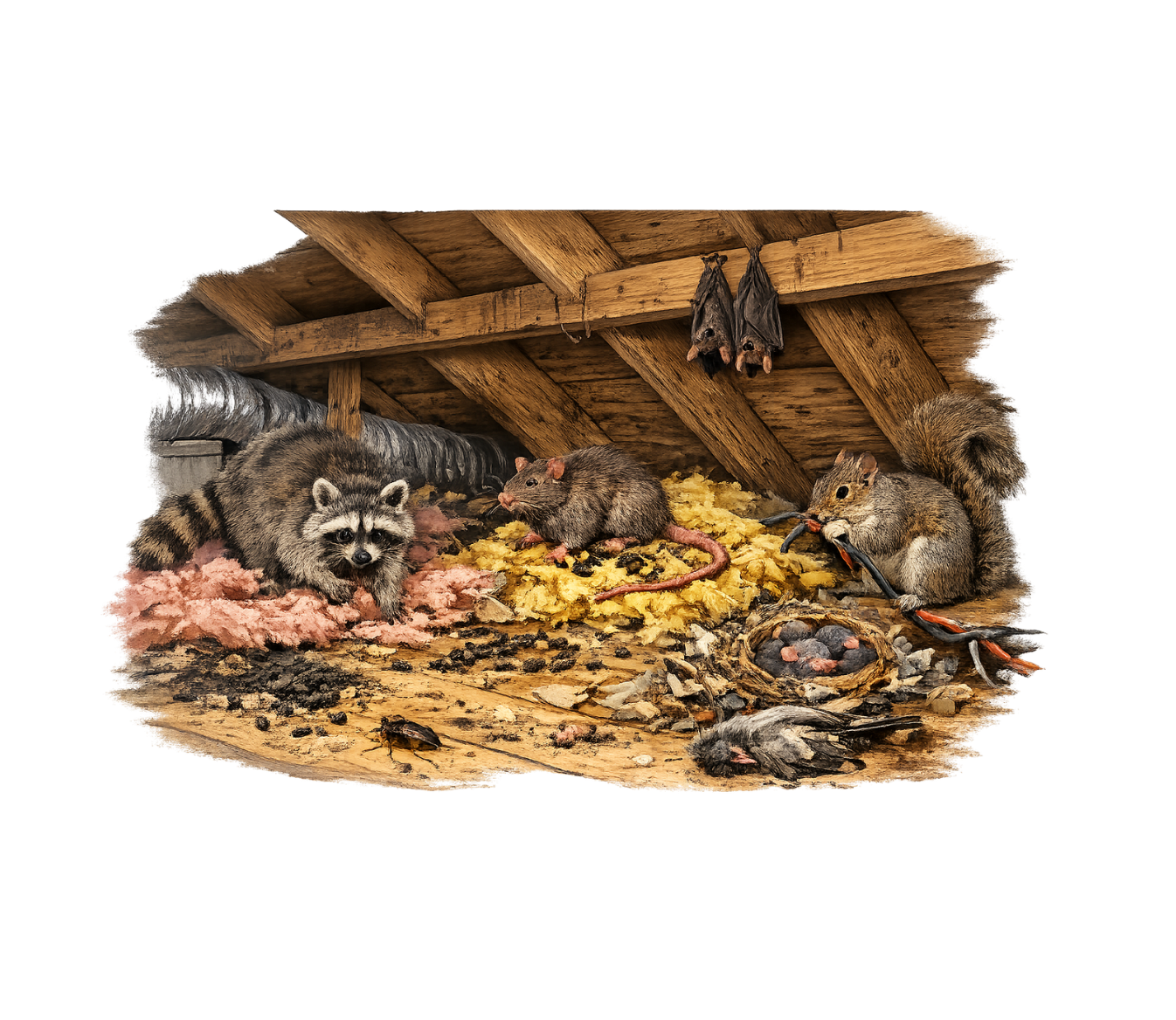 Pest activity and contamination inside a damaged attic