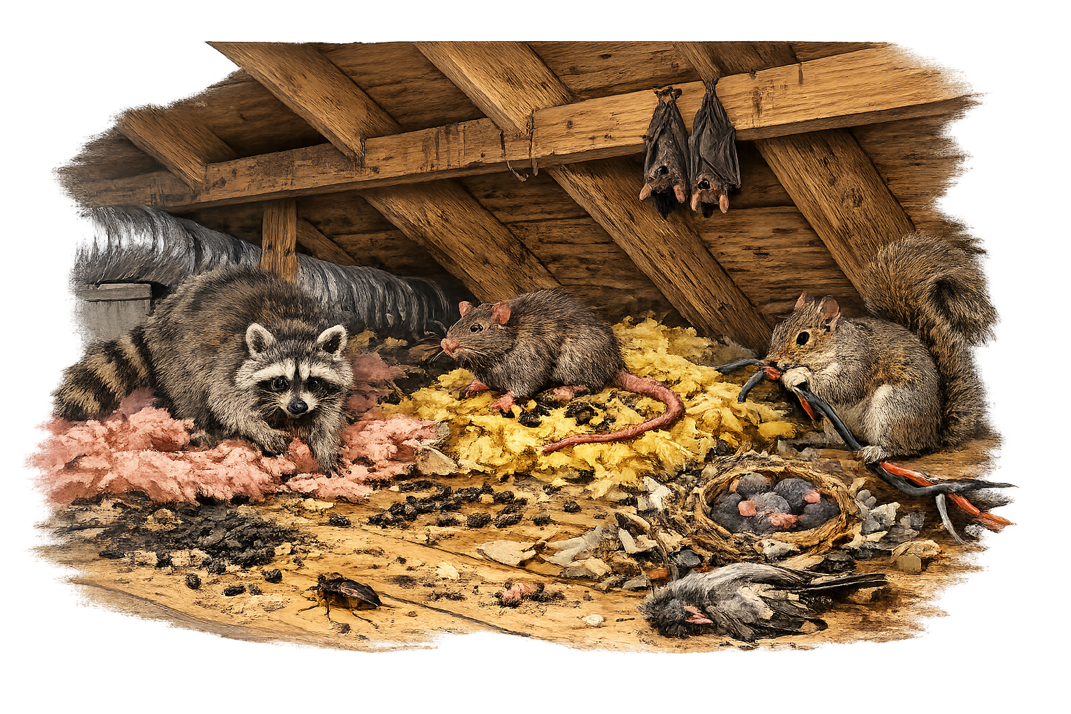 Pest activity and contamination inside a damaged attic